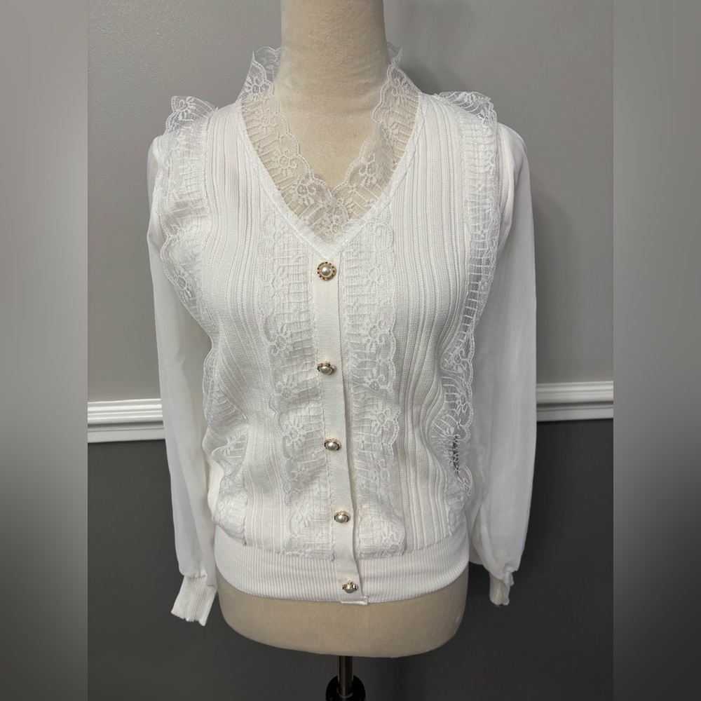 J.ing Elegant White Lace Trim Cardigan Sweater